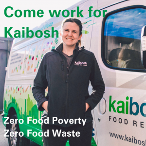 A women wearing Kaibosh uniform jacket stands in front of a brightly coloured van with words: Come work for Kaibosh.