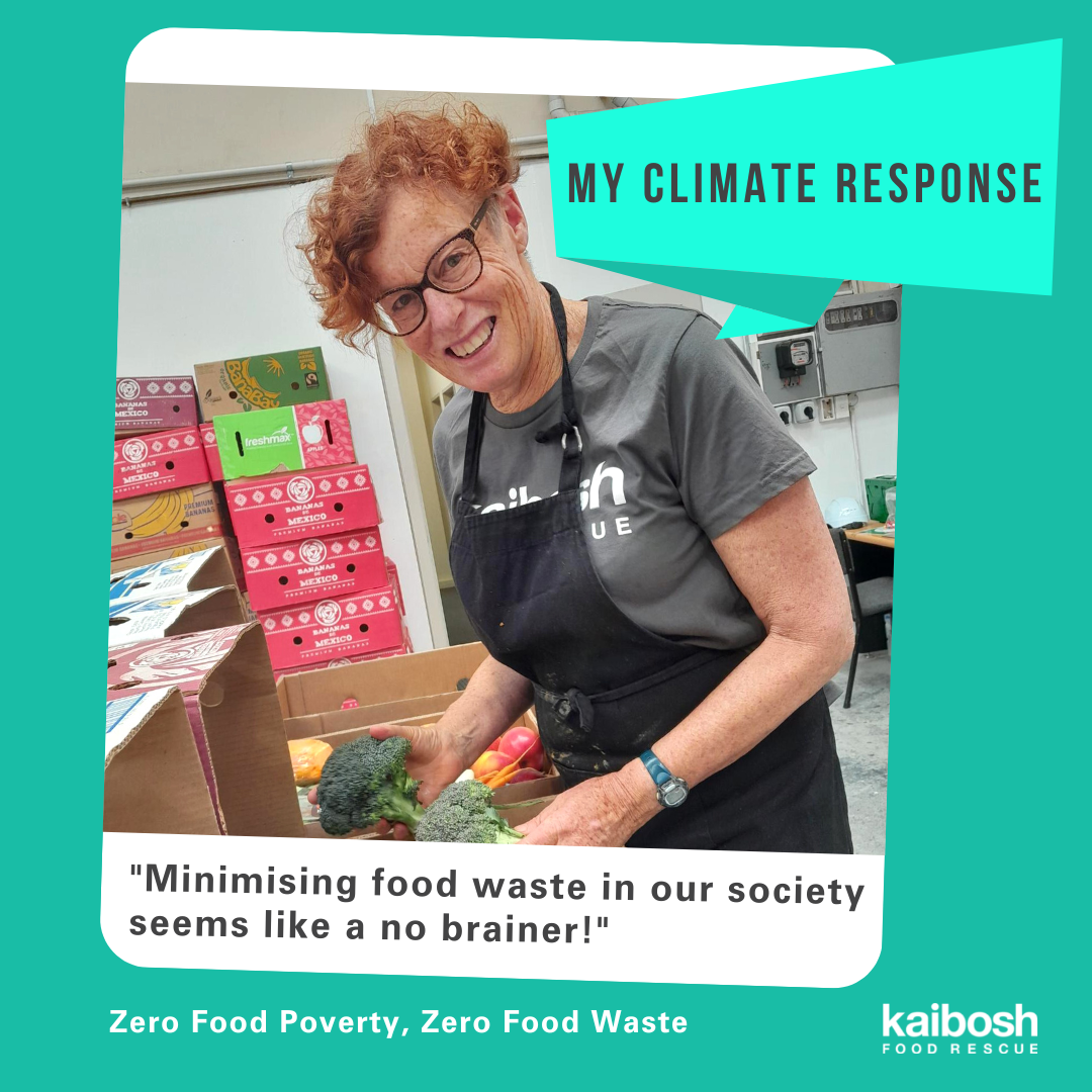 A Kaibosh volunteer sorts food into a box with a heading overlaid that reads My Climate Response.