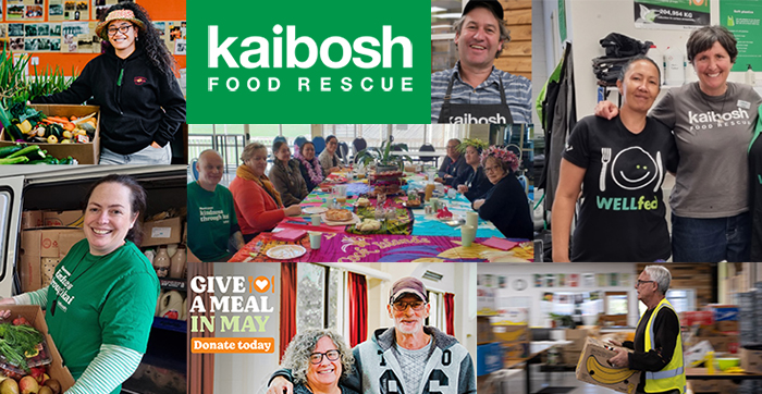 Collage of several photos of people at Kaibosh and partners, with boxes of rescued kai. Kaibosh logo at top of image.