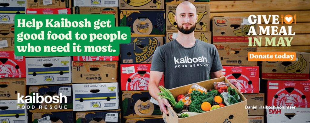 Banner photo of a man wearing Kaibosh t-shirt holding a box of food, with text overlay: Help Kaibosh get good food to people who need it most.