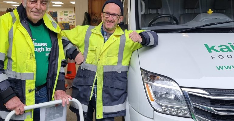 Kaibosh Food Rescue Drivers standing next to Kaibosh van at the Kaibosh Wellington depot.