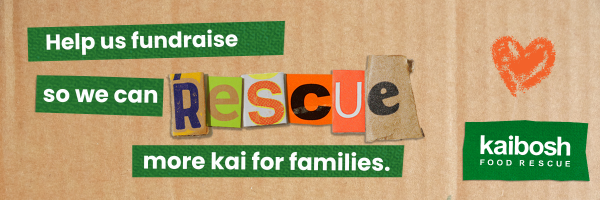 Collage sign on cardboard saying Help us fundraise so we can rescue more kai for families, with Kaibosh logo.
