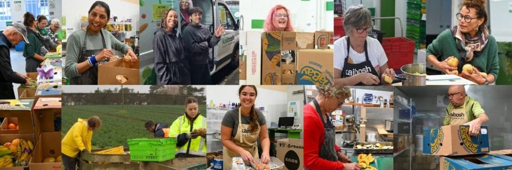 montage of photos of Kaibosh Food Rescue volunteers completing various tasks incl food sorting and packing into boxes, second harvest farm collection, chopping veges at Kaibosh production kitchen, moving boxes of food on trolleys.